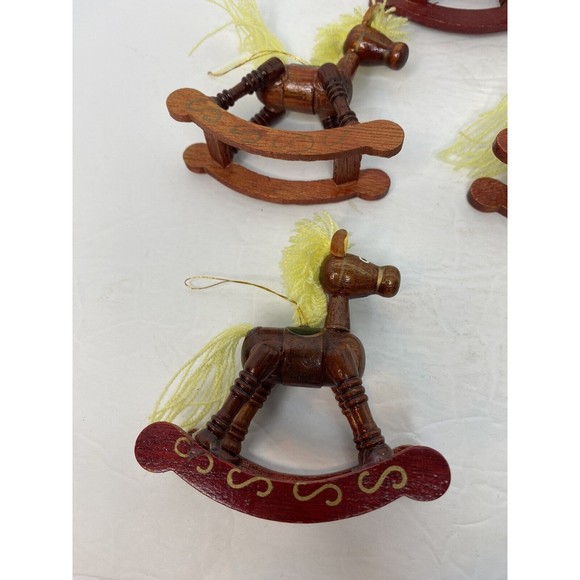 🐎 Set Of 5-Vintage Wooden Toy ORNAMENTS Rocking Horses Yarn Mane & Tail - Picture 11 of 14